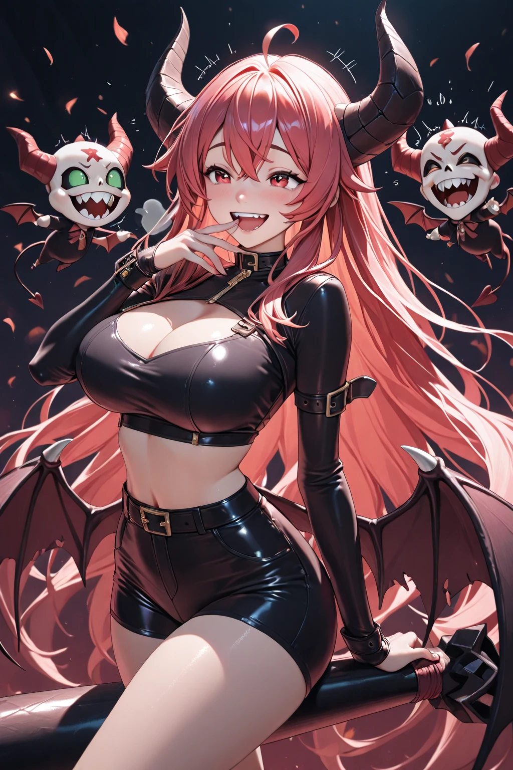 best quality, masterpiece, highres, solo, {hikawa_hina_bangdream:1.15}, aqua_hair, green_eyes, short_hair, smile, bow, braid, blush, hair_bow, side_braids, twin_braids, open_mouth, bangs, 1girl, crown, demon_horns, gloves, heart, horns, jewelry, looking_at_viewer, black_ribbon, fur_collar, mini_crown, ribbon, bracelet, cross-laced_clothes, dress, fur_trim, hair_ribbon, striped, wings, demon_tail, tail, earrings, hairband, pink_gloves, red_dress, breasts, demon_wings, heart_earrings, padlock, red_gloves, :d, cleavage, clothing_cutout, holding, lock, navel_cutout, polearm, polka_dot, trident, vertical_stripes