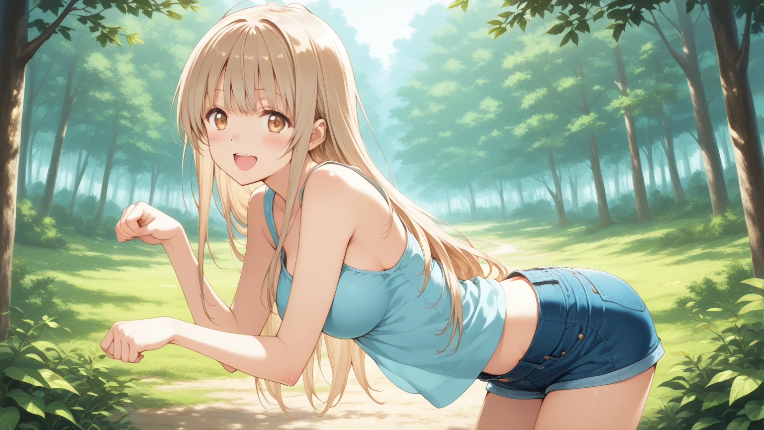 1girl, cute, teen, slender, round face shape with angular jaw, blonde with bangs, grey eyes, swimsuit top, picking wet pink colorful mushrooms in a celestial forest, sunshine, stripe socks, pink skirt, hhorny touch, windy