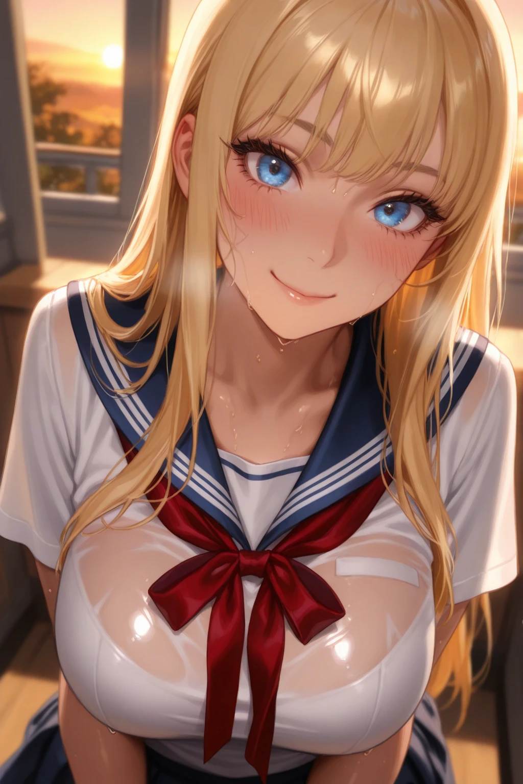 NSFW, 1 woman, solo, orgasm, ahegao, (crying:), (drooling), smile, steam from pussy, green detaled eyes, (Nipples:1.5), (spreading pussy, Pubic hair), (clear pussy juice:1.3), (showing pubic area:1.5), (Large breasts), (cleavage), (on a bed) , (spread legs to limit:1.5), ((thin thighs)), (white crop top shirt), (sleeveless:1.3), (Sailor uniform only for the upper body), masterpiece, Best Quality, High quality, High Definition, Finely detailed, Detailed texture, realistic representation of face, Realistic, Colorful, Ray tracing, lighting forward, (Detailed beautiful delicate face, Detailed beautiful eyes, A perfectly proportioned face, High detailed skin, best ratio four finger and one thumb, ((Smooth texture, Realistic texture, Photorealistic)), (Beautiful face, Cute face, Detailed face), (red ribbon tie), Navel, blue sailor collar, (without Skirt), side ponytail,at night