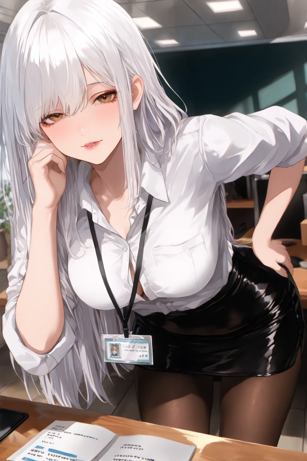 1girl, bronya-OL, solo, pantyhose, pencil skirt, black jacket, id card, striped shirt, glaring, looking at viewer, cowboy shot, office, indoors, depth of field, masterpiece,Master piece, (best quality), perfect eyes, bound, bondage, (arms behind back:1.4), bdsm, tape gag, tape, tape bondage, close-up, restrained, standing ,best anatomy,
