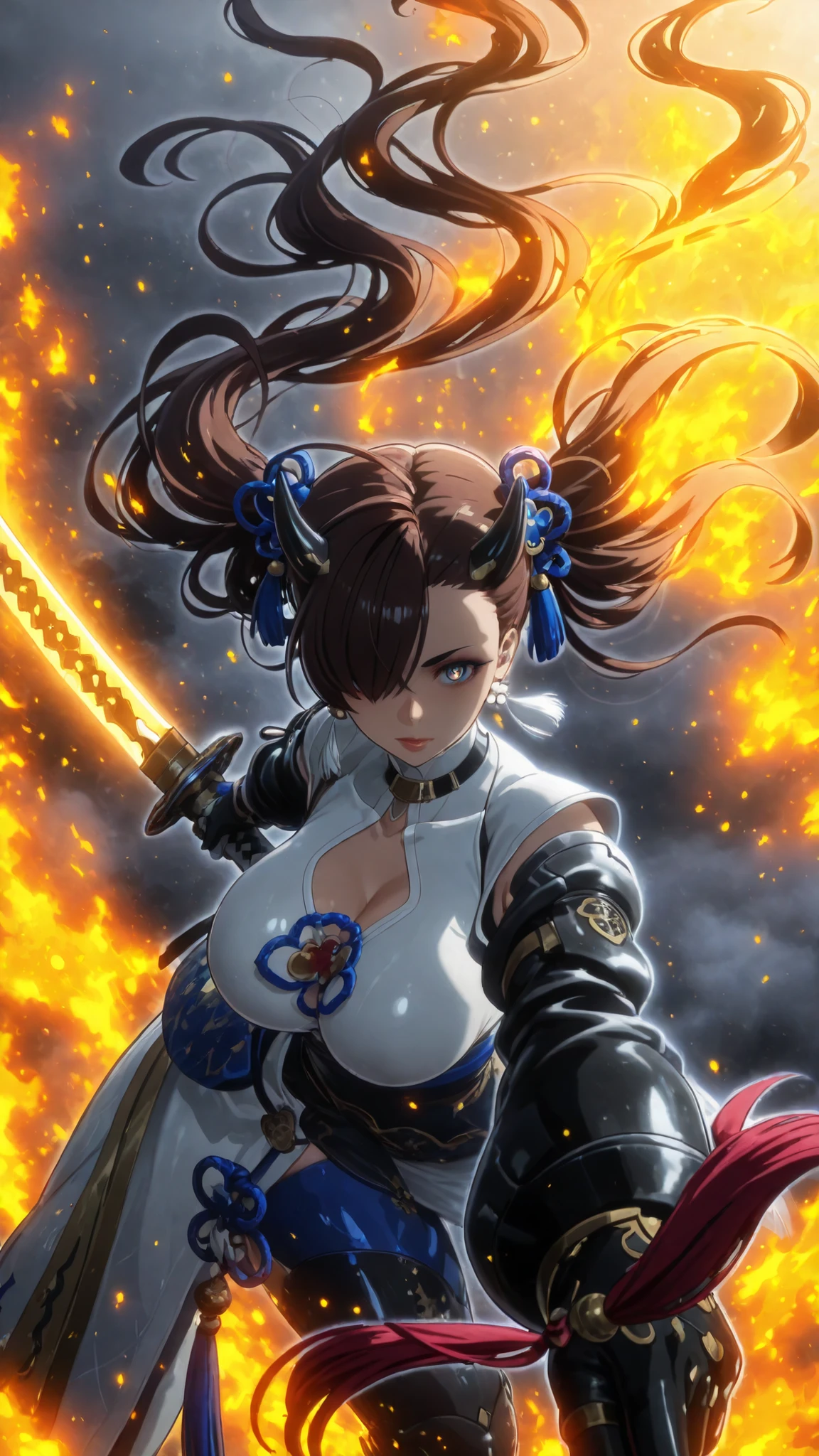 (jam-orbital-style:1.2), (zonda_(solid_air)-style:1.2), ((anatomical correct)), ((Cinematic, unreal engine, eye-catching, ambient occlusion, UHD, masterpiece)), ((perfect lighting, soft shadow)), perfect body, perfect eyes, perfect fingers, gasping, heavy breathing, gasping profusely, ((skindentation)), ((curvy)), blue eyes, long hair, twintails, black hair, hair ornament, tassel, very long hair, large breasts, lips, boots, hair over one eye, brown hair, asymmetrical bangs, foreshortening, gradient color eyes, (yulan1*1.2), ((black pupils)), (voluptuous:1.5), (mature female:1.5), ((white outline)), (aura), (black aura:1.2), weapon, 1girl, horns, fog, solo, sword, katana, earrings, jewelry, looking_at_viewer, floating_hair, japanese_clothes, armor, shaded face, closed_mouth, breasts