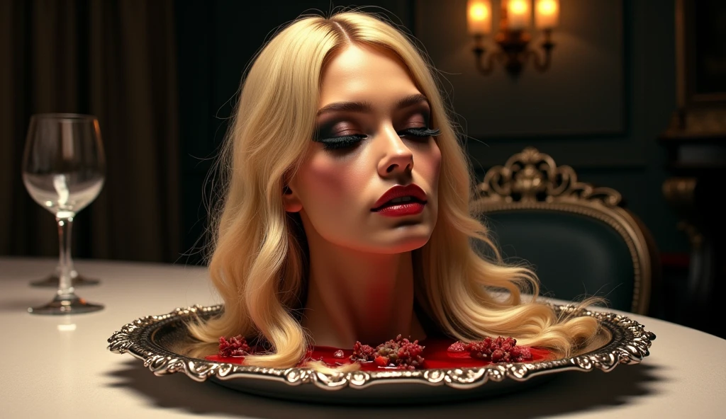 (((photorealistic:1.4))), ultra realistic, pores, (((masterpiece))),high quality,
beautiful pretty korean girl with ultra long sharp pointed shiny dark blue with pretty fingernails sitting on the chair simple smile, long blonde, blood splatter, sitting on sofa, restaurant, people arround, holding handsome human head on the table with deep cuts and wound, organs, extreme gore, flesh, blood splatter