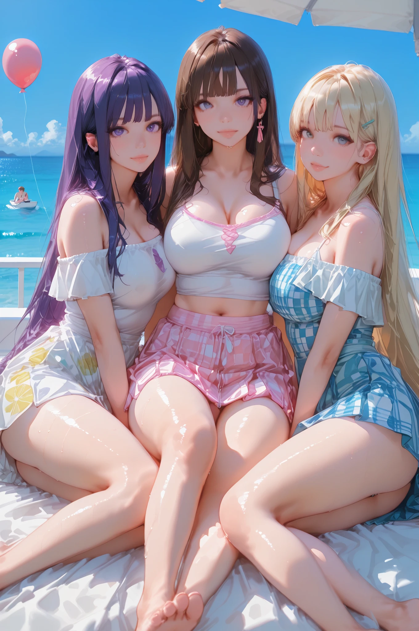 Three Girls, Multiple people、bra very, closed eye, s lips, length hair, Opened mouth, a picture_\(Curly\), unrealistically, , undergarment,(masterpiece),(Realistic: 1.3)、NFSW、ultra-detailliert、(High Detail Skins:1.2)、(top-quality:1.0)、(超A high resolution:1.0)、Wearing a T-back、T-back that digs into the buttocks、all-fours、stick out buttocks、Thighs Thighs Thighs Amazing muscular thighs、Show me your ass、A pink-haired