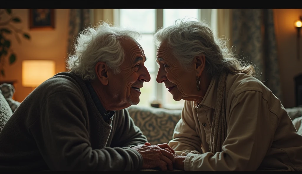 A captivating, award-winning color photograph showcases a tender and loving elderly couple, both gracefully aged over 80 years old, engaging in an intimate act of mutual affection. Bathed in soft, subtle lighting, the photograph artfully highlights the delicate details of their wrinkled skin, white hair, and expressions of deep affection. The photograph emulates the raw emotion of Robert Frank's photography and the realism of Sally Mann's portraits, capturing the couple in a close-up shot using a 50mm lens and a slow shutter speed, to preserve the quiet and intimate moment between them. This photograph seeks to celebrate the beauty and intimacy of love and sexuality at any age,