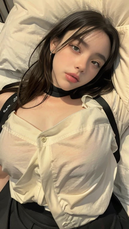 (Surreal), (figure), (High resolution), (8k), (Very detailed), (best figure),(Shooting from above)、(Detailed Background bedroom:1.2)、 Yoru ( Chainsaw Man ), (Beautiful fine details), (highest quality), (Super detailed), (masterpiece), (wallpaper), (Detailed face), alone,, Focus on the face, 1 girl, Long black hair, Korean, Light eyeshadow, Well-detailed eyes, Brown eyes, Small mole under eye,((School-designated gym clothes))((White gym clothes for the upper body、Long hem))、((Dark blue tight bloomers))、(((Tuck the bottom of your gym clothes into your bloomers)))、Big Breasts、((The upper body is wearing gym clothes))、((bedroom))、Looking into the camera、、Full body photo、Focus on the crotch、Exposing thighs、((Raise your knees and spread your legs))、(On the bedに寝転がる) 、Low light, On the bed,
