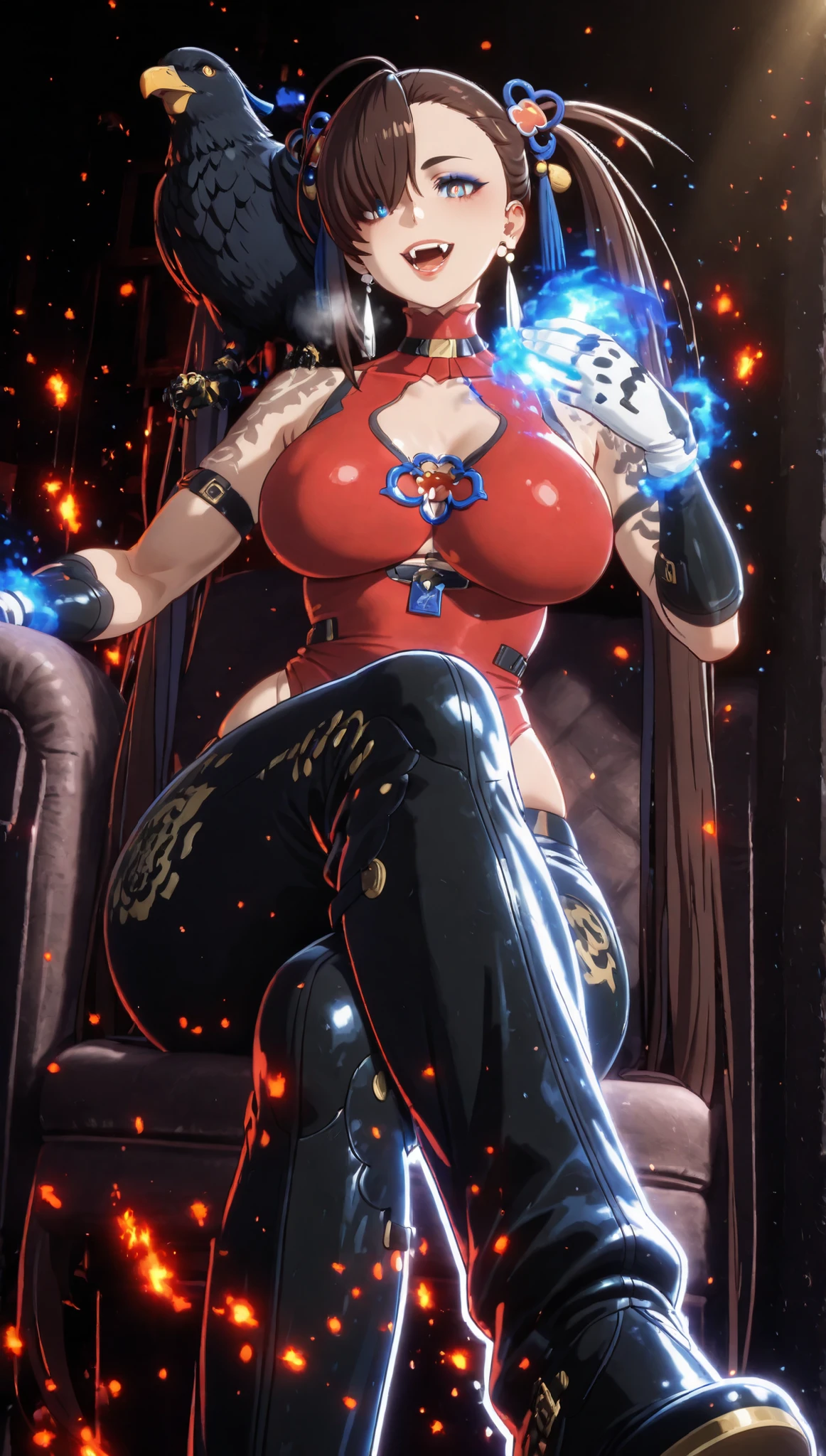 (jam-orbital-style:1.2), (zonda_(solid_air)-style:1.2), ((anatomical correct)), ((Cinematic, unreal engine, eye-catching, ambient occlusion, UHD, masterpiece)), ((perfect lighting, soft shadow)), perfect body, perfect eyes, perfect fingers, gasping, heavy breathing, gasping profusely, ((skindentation)), ((curvy)), blue eyes, long hair, twintails, black hair, hair ornament, tassel, very long hair, large breasts, lips, boots, hair over one eye, brown hair, asymmetrical bangs, foreshortening, gradient color eyes, (yulan1*1.2), ((black pupils)), (voluptuous:1.5), (mature female:1.5), ((white outline)), (aura), (black aura:1.2), 1girl, crow, bird, breasts, sitting, crossed_legs, tattoo, open_mouth, smile, red_shirt, pants, solo, looking_at_viewer, jacket, arm_tattoo, piercing, animal_on_shoulder, jewelry, shirt, bird_on_shoulder, ear_piercing, fangs