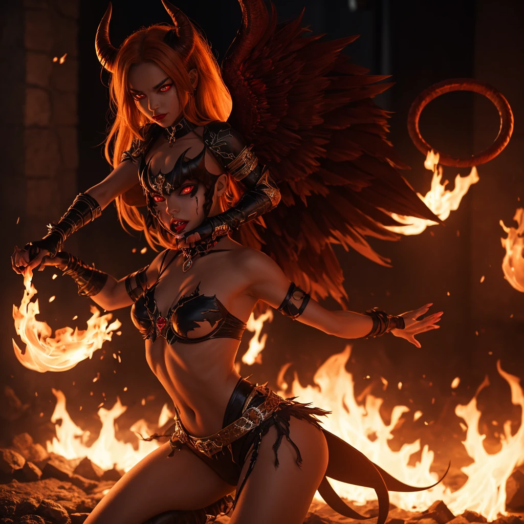 (Beautiful young female (perfect face) demon), (Milla Jovovich:0.3), horns, tail, wicked smile, pale skin, (skin texture:1.1), (very short maid outfit), wreathed in fire, (fiery eyes:1.2), fit athletic body, temptation, taking your soul, hellscape background, tortured souls, hordes of hell in the distance, (masterpiece), (photorealistic:1.4), RAW photo, best quality, high res, rich colors, backlight, bright sunlight, cinematic lighting, film grain, raw photo, 50mm lens, Nikon D850, warm colors, sweaty