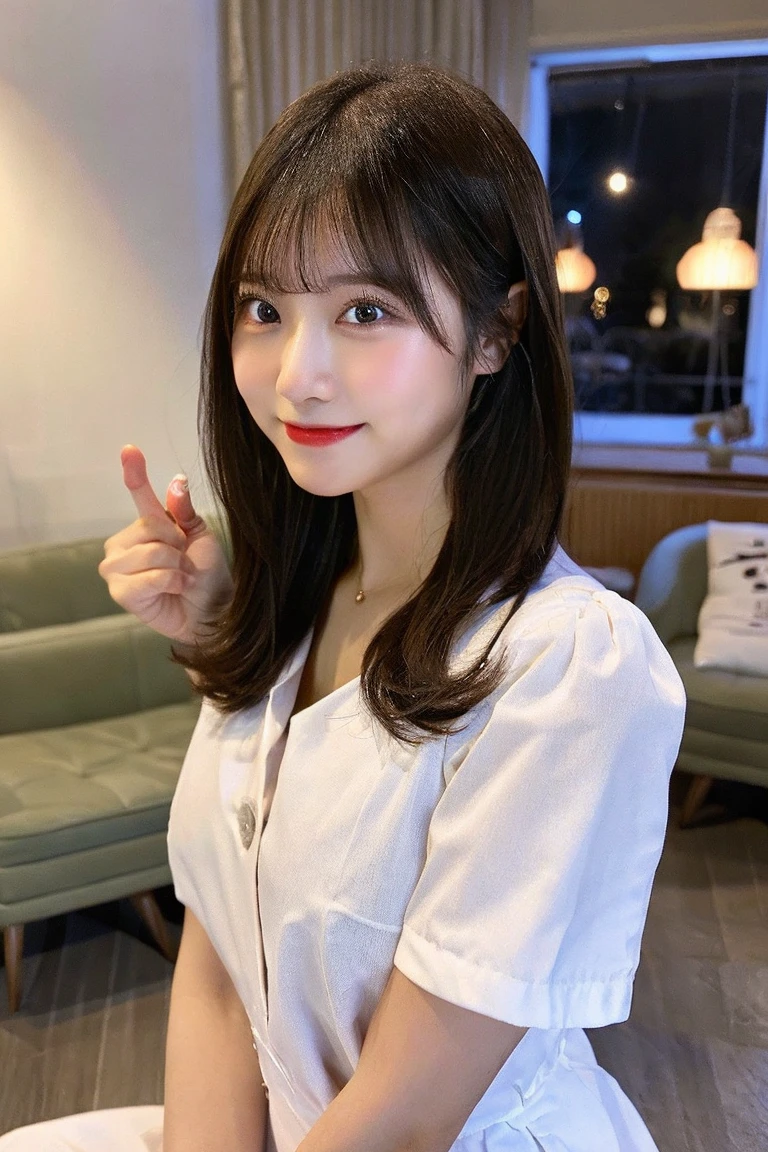 beauty secretary、office、Woman looking back、Woman looking up、(Brown Eyes、Double eyelids、Sparkling Eyes、Very beautifully detailed eyes)、White suit、White short tight skirt、Cleavage(Very large breasts、Very thin and long legs、Perfect figure、High heels、whole body、smile)、1 female、No makeup、23 years old、(masterpiece、8K,RAW Photos、High resolution:1.4)、window