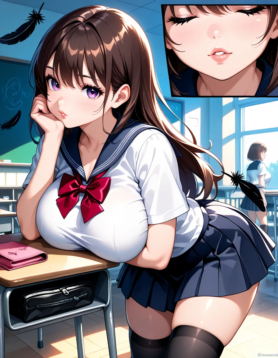 ((A woman is on all fours, sexily licking a popsicle that a man is holding:1.4)), ((highest quality)), (Super detailed), (very detailed CG 統合 8k 壁紙), very detailed, High resolution raw color photos, professional photography, ((beautiful big breasts)), brown hair, side ponytail, wonderful face and eyes, slender body, (amazingly beautiful girl), (school classroom:1.3), (blazer, white shirt, checked skirt, Red ribbon at collar), (Her shirt is open around her chest, exposing her bra, Stylish pink micro bra), Exact number of arms, Exact number of legs, perfect anatomy, Angle from the side