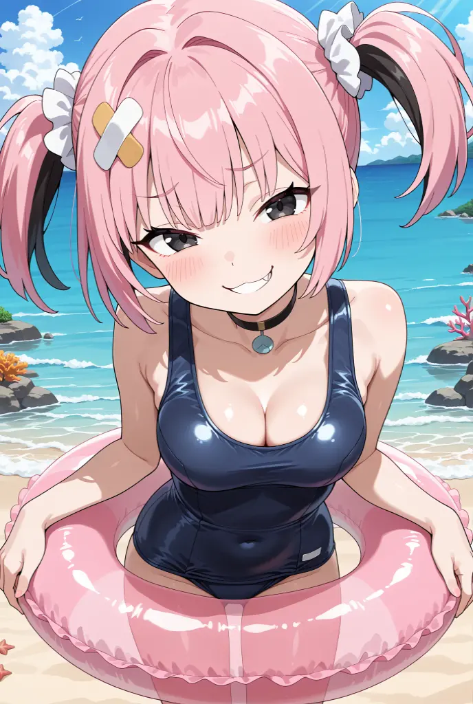 beach、Girl playing on the beach、She has long pink hair in twin tails、Cleavage、Swimsuit、The girl is on all fours、Looking up at me with her eyes tilted up、Grin