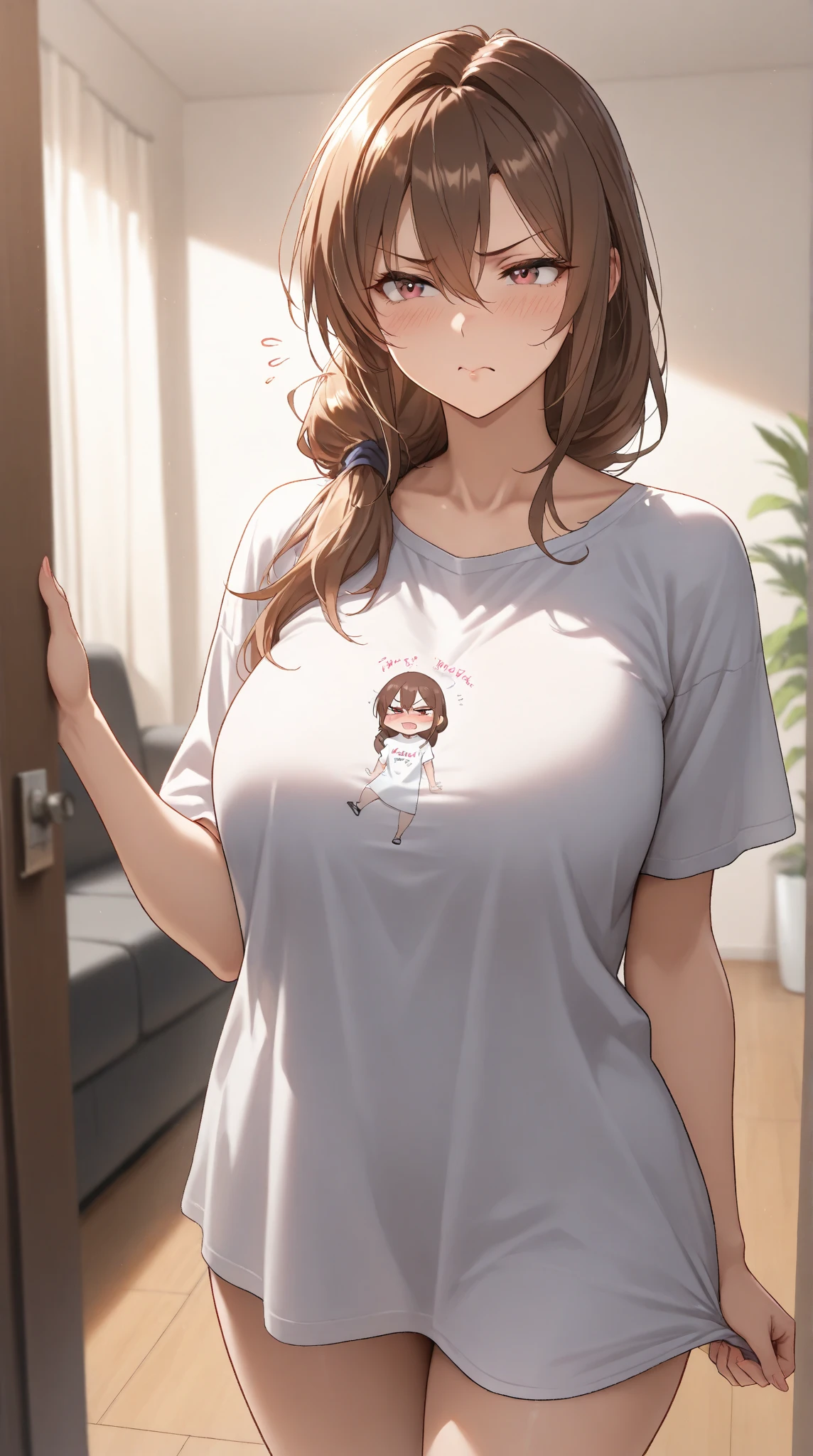 nozomitoujou, nozomi toujou, green eyes, brown hair, curly hair, large breasts, masterpiece, best quality, high resolution, beautiful detailed eyes, extremely detailed face, good lighting, detailed CG, messy hair, worried, t-shirt, (white fishnets), full body, standing