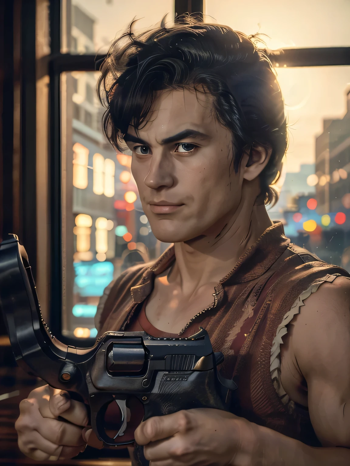 1boy, saeba ryou, city hunter,
red shirts, sleeveless, looking at viewer, v-shaped eyebrows,
standing, holding revolver gun, hand in pocket,
indoors, luxury hotel, windows, city, cowboy shot,
general, masterpiece, best quality, perfect lighting, very aesthetic, absurdres, scenery, volumetric lighting, depth of field,