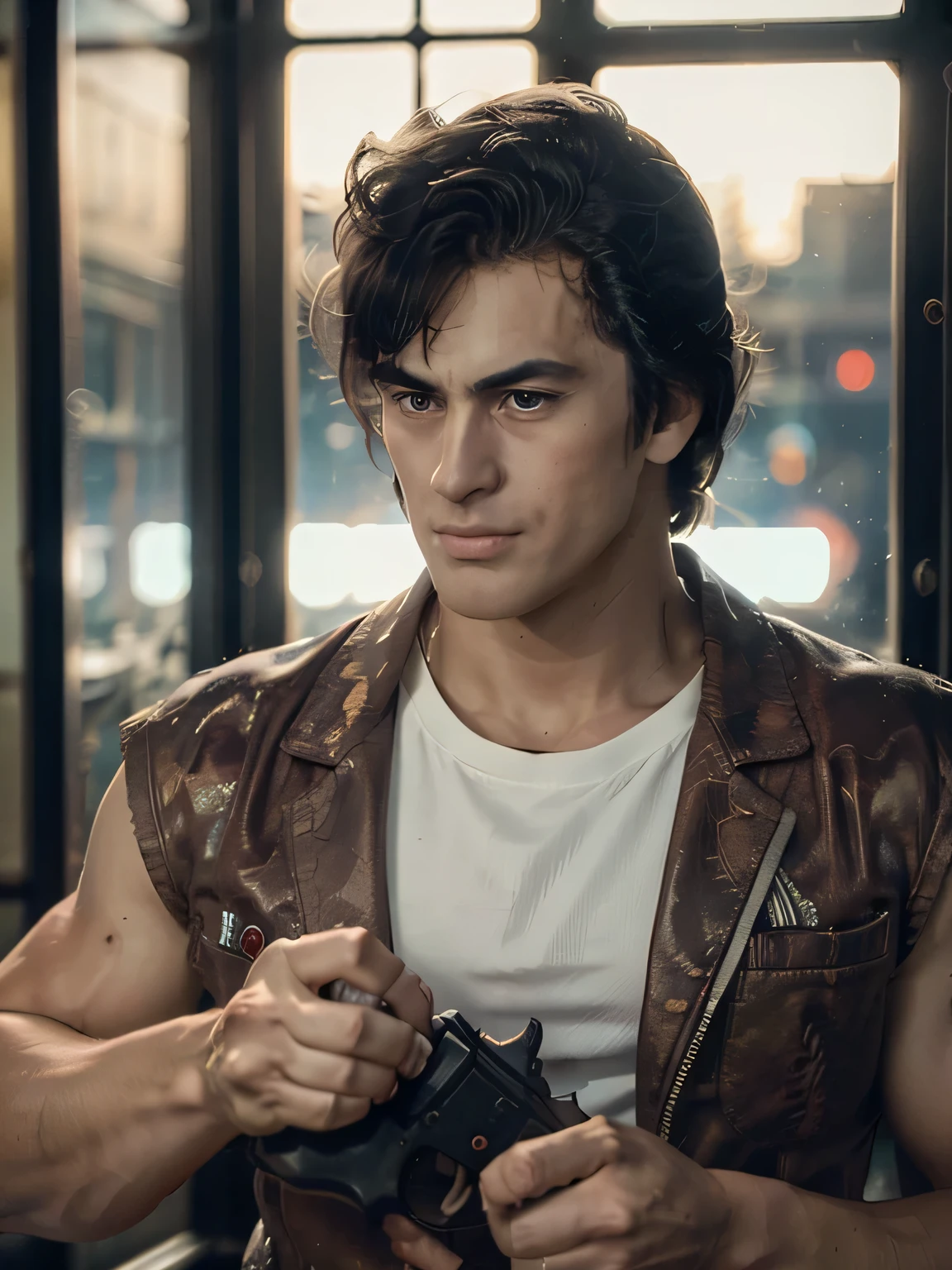 1boy, saeba ryou, city hunter, Japanes man, Handsome face,
red shirts, sleeveless, looking at viewer, v-shaped eyebrows,
standing, holding revolver gun, hand in pocket,
indoors, luxury hotel, windows, city, cowboy shot,
general, masterpiece, best quality, perfect lighting, very aesthetic, absurdres, scenery, volumetric lighting, depth of field,
