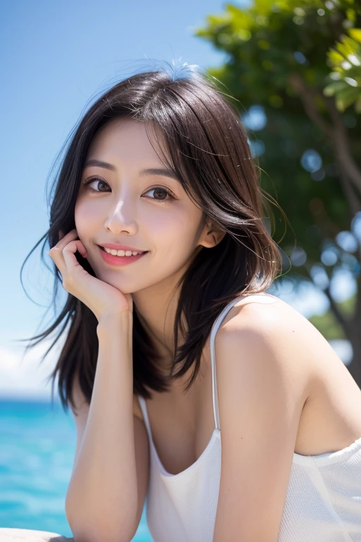 ((Highest quality)), ((8K)), ((masterpiece: 1.3)), (Perfect appearance), (Photorealism: 1.6), (一人のwomanが立っている), (A sandy beach lit by the dazzling morning sun), (The sea sparkling in the morning sun), (Calm sea without waves), (TI, JMA), (woman: 1.6), (Blurred Background: 1.8),日本人woman1人: 1.6), 36 years old, ((Realistic skin texture)), (Fine wrinkles appear all over the skin: 0.8), (Dullness: 1.1), (Moisturized Skin: 1.2) , (Facial wrinkles: 0.9), (Wrinkles around the eyes: 1.2), double eyelid, Lower eyelid tear sulcus, Eyes on you, Serious expression, (Dimples: 1.2), Short bangs, (Short Wavy Hair: 1.2), (Messy Hair), (Hair blowing violently in the wind: 1.4), Laugh with the corners of your mouth turned up, Completely naked, (Armpit Hair), (Small breasts), (Saggy breasts), (Flaky, saggy breasts), (Rough and casual clothing), barefoot, (Focus on the upper body: 1.4),