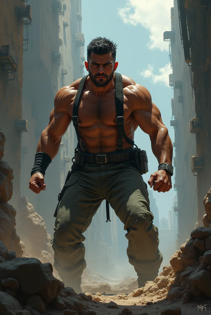 running man, A very muscular man with a strong build. He has a well-defined jaw and a serious expression, doesn't look at the camera. Su piel es clara, y tiene barba corta. karateka, Running for your life!, pants, chaqueta gruesa abierta mostrando su torso bien definido, hermoso rostro,lleno de luz,Una mirada decidida, corte militar, ruso, apocalyptic city background, luchando contra zombies, punches against zombies, sneaker mask, gafas de sol, torso peludo, cara mirando a otro lado, no background vacío, dinamic pose