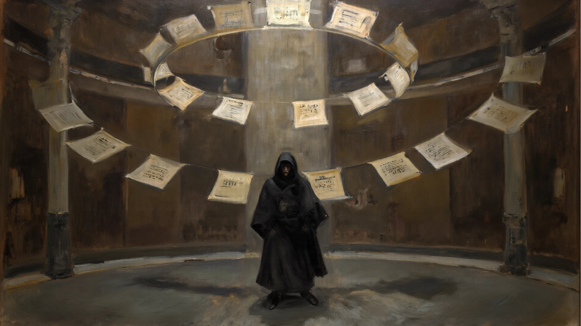 Dramatic chiaroscuro oil painting of a circular chamber where floating ...