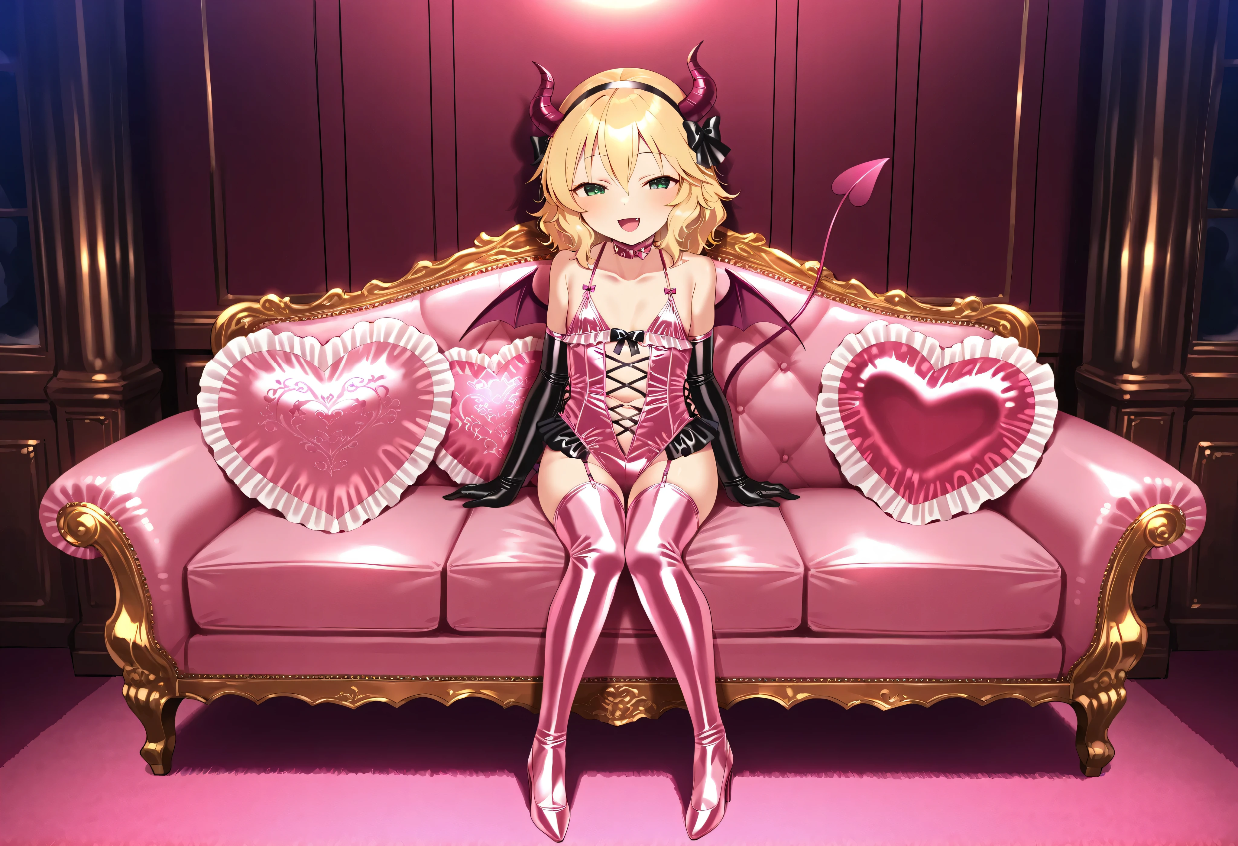(score_9:0.9),score_8_up,score_7_up,negative_hand, realistic,satoukuuki,satou kuuki,warm color,sakurai momoka, short hair, blonde hair, wavy hair, hairband, hair bow, bangs, hair between eyes, green eyes, flat chest, succubus, succubus wear, succubus costume, horn, succubus tail, over elbow glove, lingerie , 1girl , solo , full body , whole body view , open mouth , indoors , luxury room ,sofa , pillow , heart pillow, heart shape pillow,frilled pillow , pink pillow , (((pink satin pillow))) , lace pillow , euro patterned pillow , exquisite pattern pillow , luxury pattern , Pillow on the floor, more pillows , many large pillows on everywhere , large pillow , giant pillow , oversize pillow , pile of pillows at the background , pile of pillows on the floor , many pillows on everywhere , surrounded by pillows , sit , sit on the pillow , sitting on the pillow