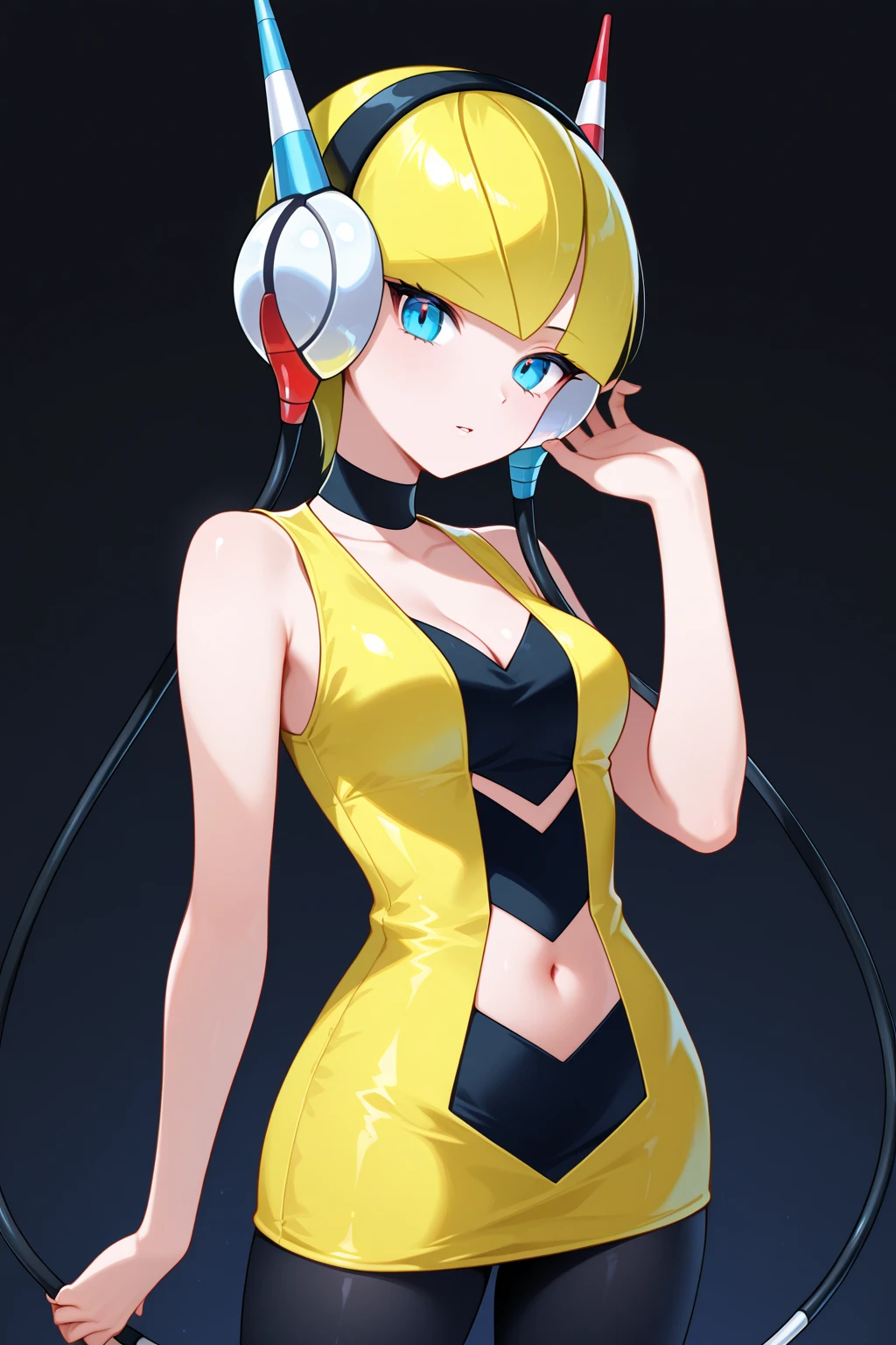 masterpiece, best quality, bw1elesa, blonde hair, short hair, headphones, (cables:1.4), choker, ((cleavage)), black and yellow dress, short dress, clothing cutout, navel cutout, sleeveless, pantyhose, looking at viewer, cowboy shot, runway, stage, spotlight, upper body, slight smile, ((underboob)), huge breasts, skindentation