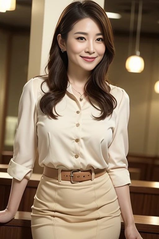 ((Highest quality, 8k, masterpiece: 1.3)), 1 girl, smile, whole body, Slim face, Beautiful woman, Medium dark brown hair, The upper body is a crisp white shirt, The top half is black straight suit pants, High heels, Highly detailed face, fine grain, double eyelid, Blurred Background, Slim face, Skyscraper, Westshot,((Loosely inward wavy hair:1.2)),((Gold Necklace_Big earrings:1.2)),((Extra Long Brown Hair:1.2))((White long sleeve button up blouse_With collar_Delete up to the second button_Brown pleated mini skirt:1.3)),((Looking down at the viewer,From below:1.5)),((Full figured supermodel standing, フレーム内のwhole body))((The skyscrapers outside the window look hazy:1.4)),