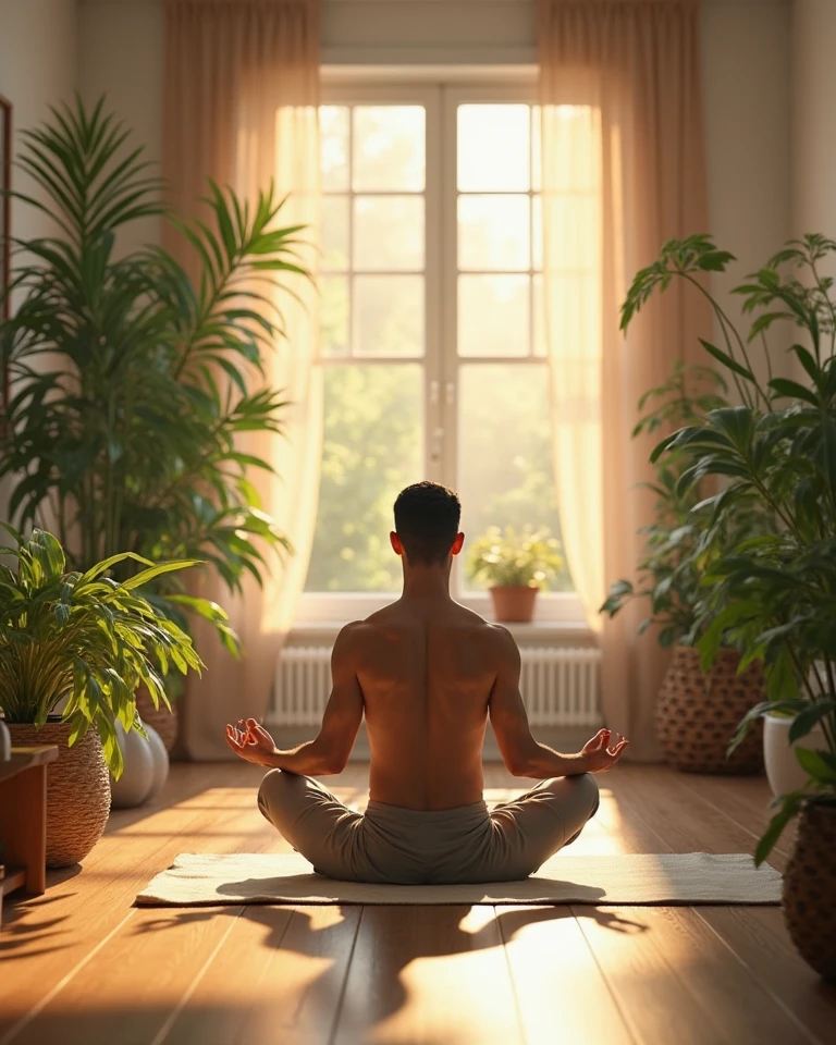Create me a visual image wallpaper where I am a man
,living a satvic lifestyle, eating stavic food, practicing yoga, in a eco friendly earthly house surrounded by trees and plants, in the morning sunshine