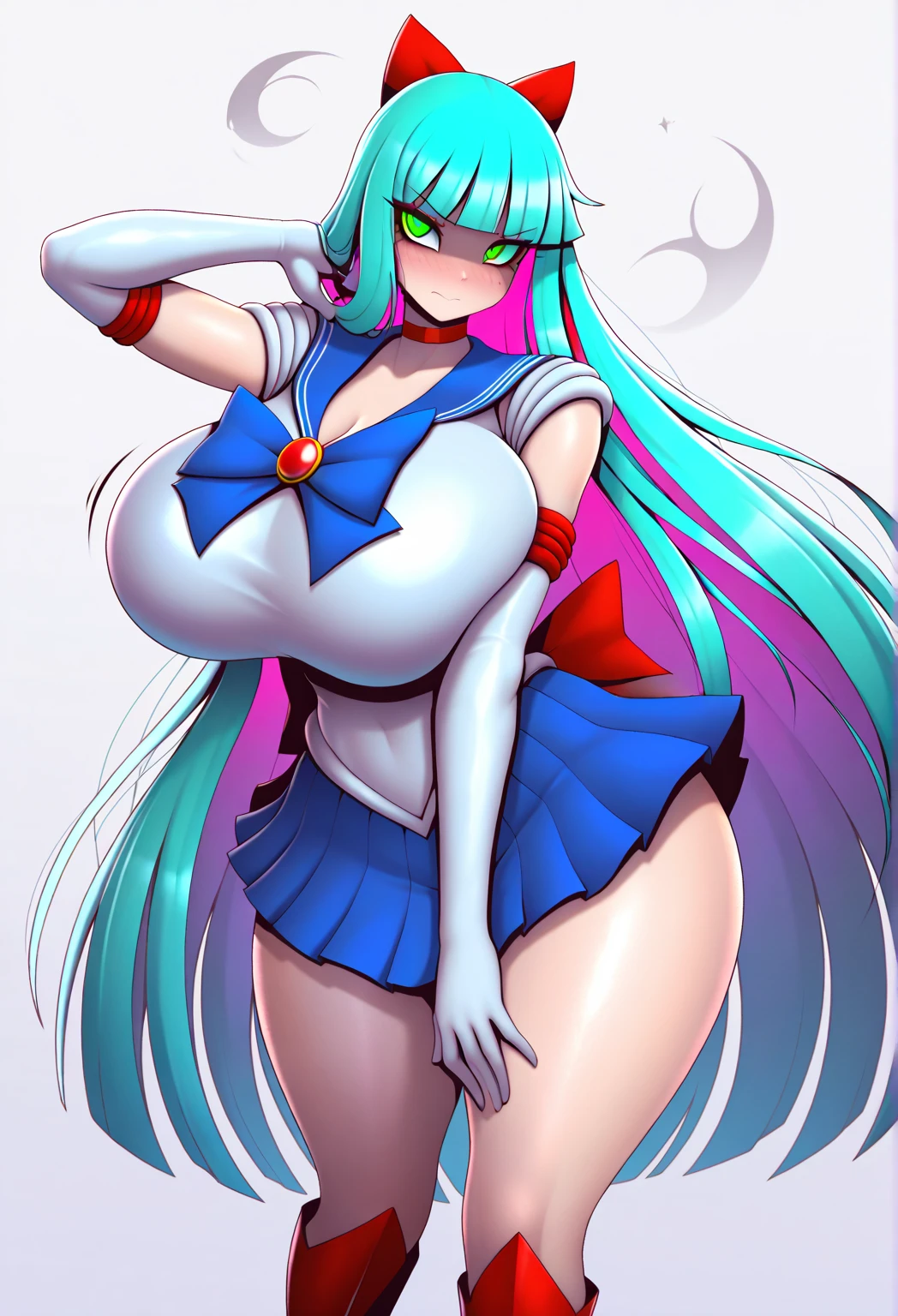 a closeup, 1girl in, Sailor Neptune, aqua eyes, Dark green hair, Medium Hair, (Body tights, Black latex long gloves and boots, Aqua-colored lines on the body, Heart Nipple Less, The navel is visible, Tattoo of the lower abdomen:1.1), Eyes without light, grin, Black ornament on forehead, Bat feather hair ornament, Spread your legs apart, Mechanical chair,Sit on a pipe that glows pink , top-quality, ​masterpiece, hight resolution, intricate detailes, ((realisitic)), black latex gloves, medium breasts⁩, chastity belt, natta
