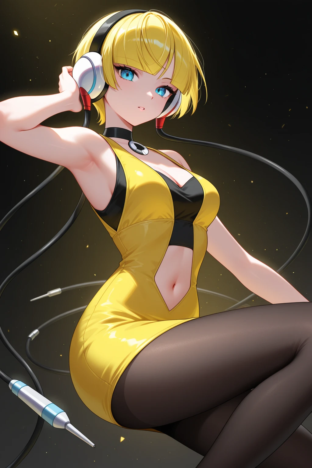(masterpiece, best quality), 1girl, <lora:Elesa_Pokemon:0.8> elesa (pokemon), blonde hair, short hair, blunt bangs, bare arms, black pantyhose, headphones, cables, pokemon bw, choker, black and yellow dress, short dress, clothing cutout, navel cutout,,