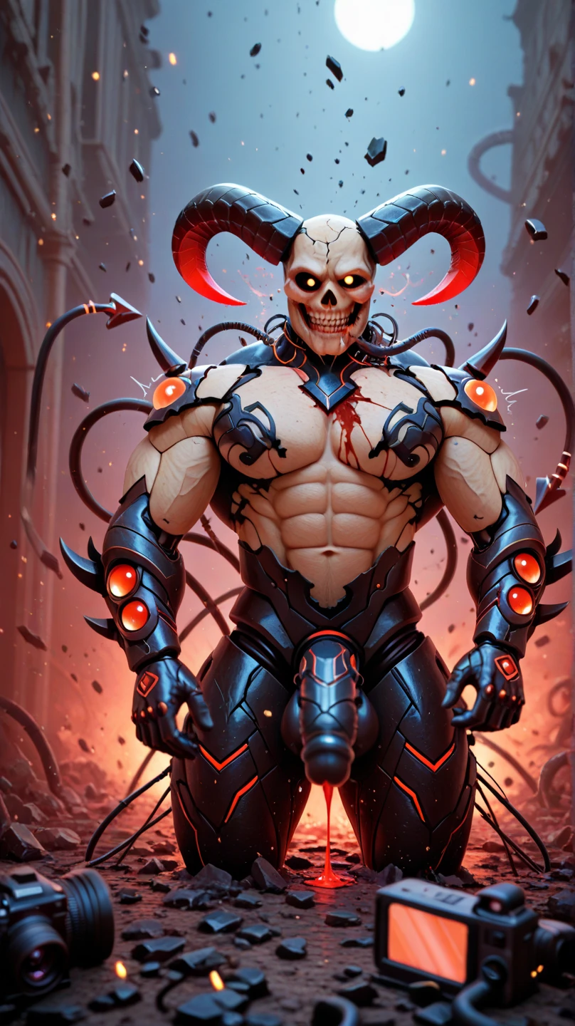 One man, a cartoon alien with an unusually developed muscular body, protruding blood vessels, claws and a red body, hercules beetle, horns, fangs, celshade, Guyver style,