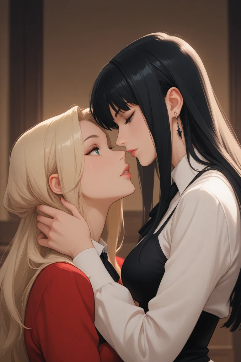 Create an image of two anime women, inside a mansion, standing, very close together while they kiss. One of them is 20 years old, wears a choker:1.6, (white long sleeve button down shirt with white collar), black gloves, gloves that cover hands, (black leather corset), (shiny black leggings), big breasts, long blonde hair, while the other girl is 15 years old, of short stature, She's wearing a choker:1.6, (white long sleeve button down shirt with white collar), black gloves, gloves that cover hands, (black leather corset), (shiny black miniskirt), long black hair and a horny expression on their face