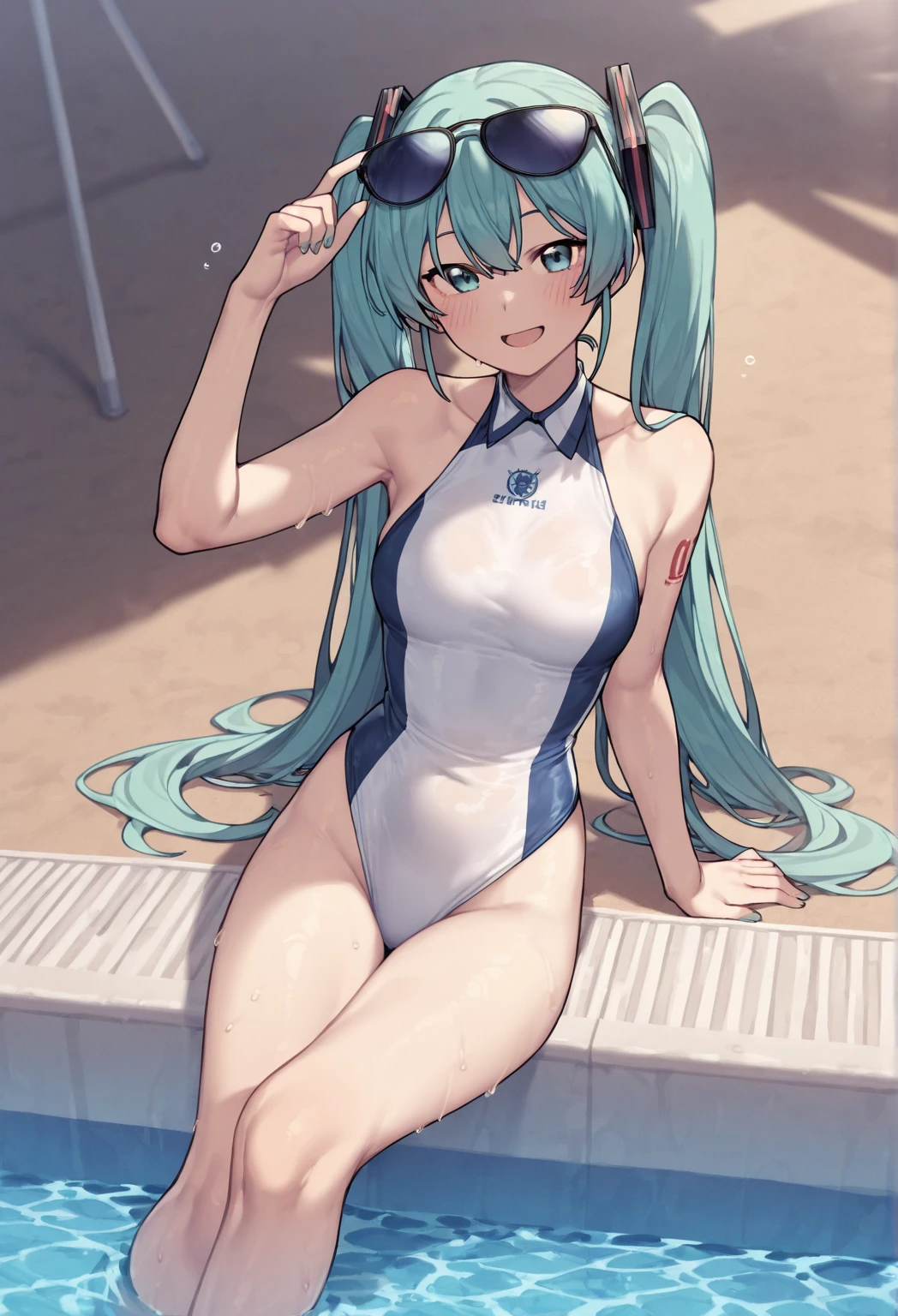 masterpiece, highest quality, Super detailed, 1 Girl, Mion Sonozaki, Green Hair, Green Eyes, ponytail, surprise:1.3、blush、Normal chest、(((Navy school swimsuit:1.3))),Pool、woman's butt facing the screen、Backward perspective:1.3