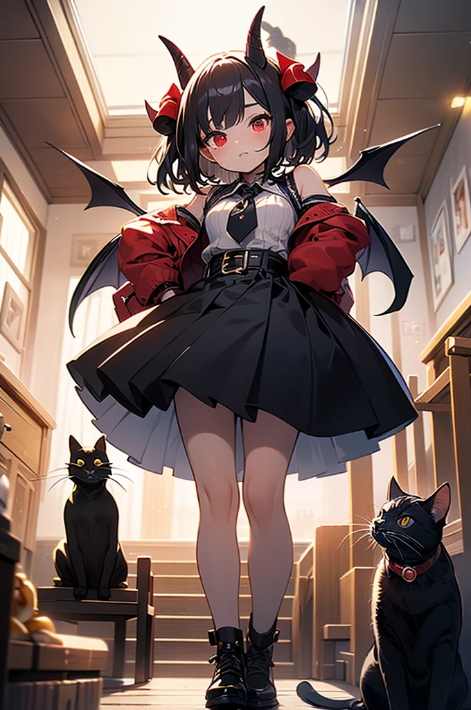 High Definition、High Quality Illustration、8k、Detailed Description、Little Devil Girl、Two Horns and Red Nails、red eyes、Standing Bossy with Arms Crossed、Young Doya Face、There is a black cat with 2 horns beside her、The cat has bat wings on her back
