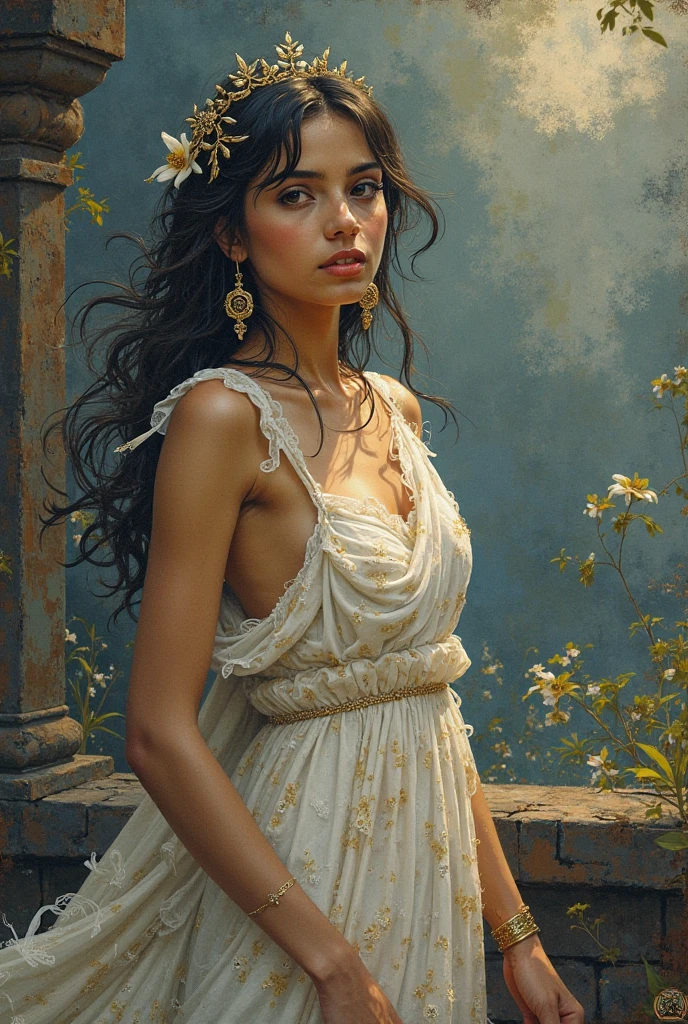 A teenage Greek goddess with cinnamon skin, long straight black hair, slim and beautiful and black eyes