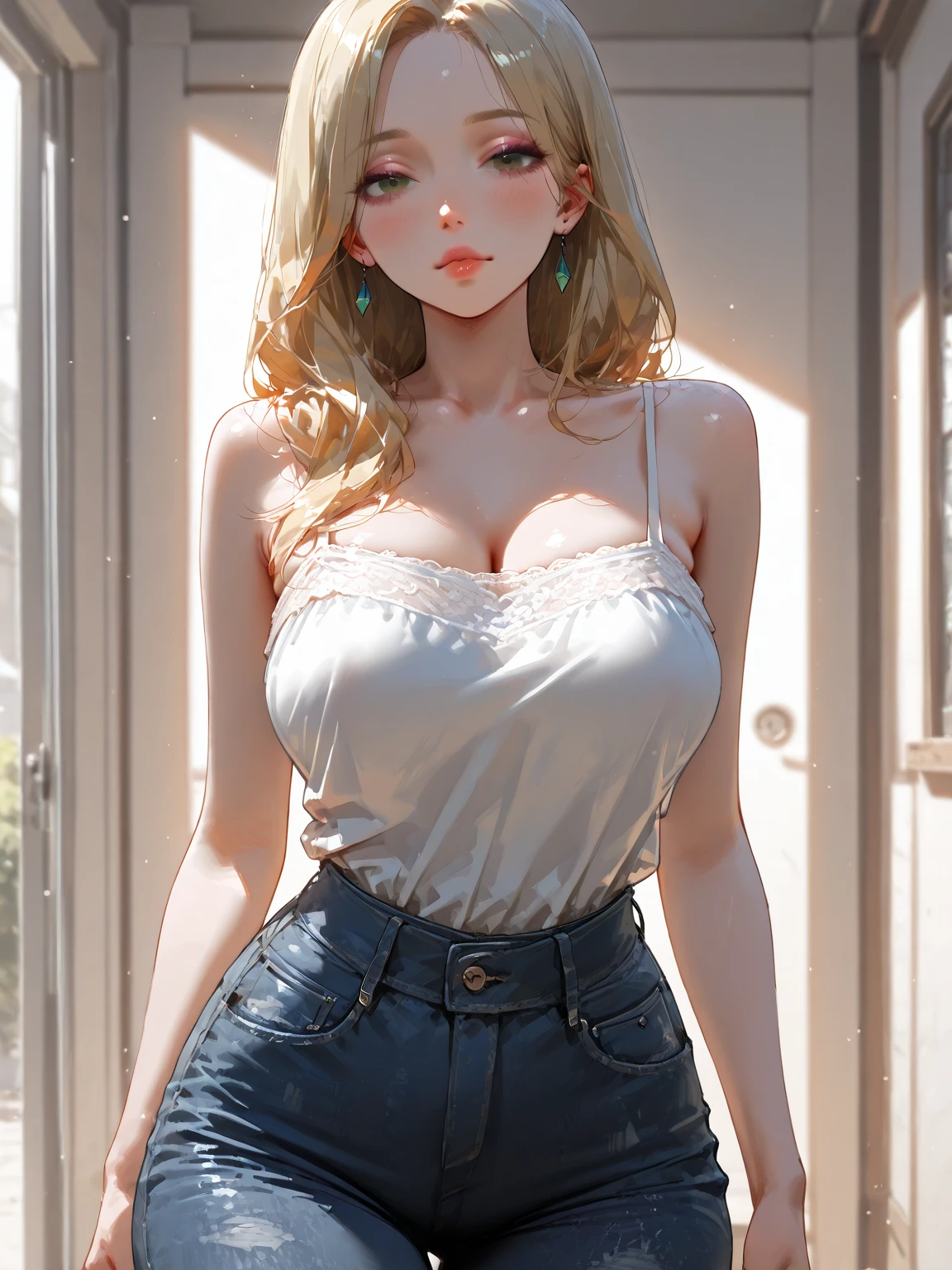 ((((work of art, best qualityer, high resolution)))), extremely detailed 8K, Beautiful girl with slender body, (ultra HD, ultra detali, highy detailed, highly realistic, Ultra-realistic, photography realistic), (1 girl:1.5), (Realistic blonde hair with dark roots), short and wavy hair, Bob Cut, (dynamic poses), facing the camera, drlight smile, (breasts big: 1.2), (beautifull detailed face, beautiful detailed eyes), (white top, fine material), see through the top, neckleace, dark denim shorts, sheen, sweat, (ray of sunlight, lighting sun), detailed makeup