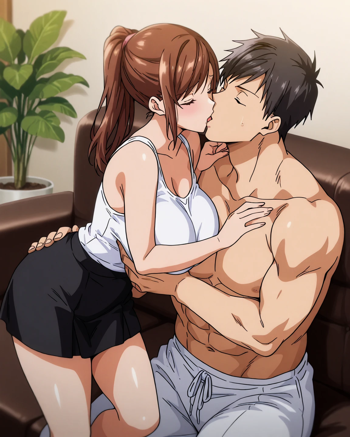 1boy, 1girl, abs, (ass grab), ((lace bra)), blush, breasts, doggystyle,  hetero, , table, sex, indoors, lens flare, windows, smile, hanging motion lines,curvy,nude,hanging breasts