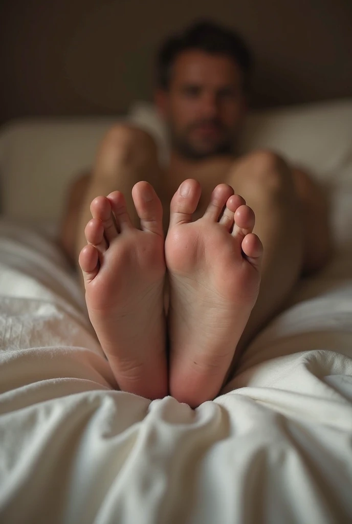 Create a man&#39;s feet without clothes where you can see his penis very large smiling at him in a bed that is clearly visible, not blurry, without underwear. He should be gay and his legs should be wide open and his penis in the middle.
