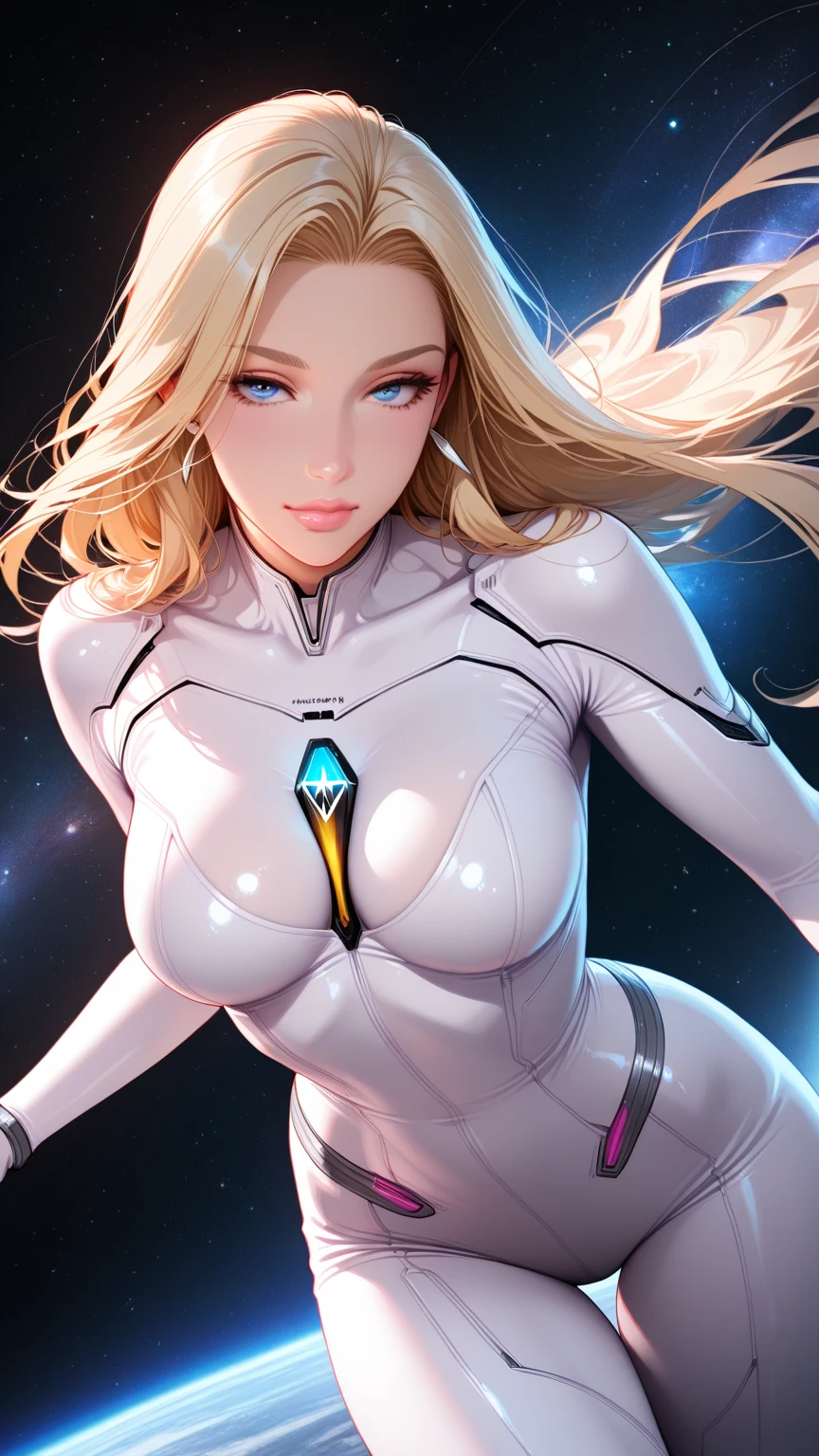 girl, white bodysuit, blonde, blue eyes, Hyper Realistic