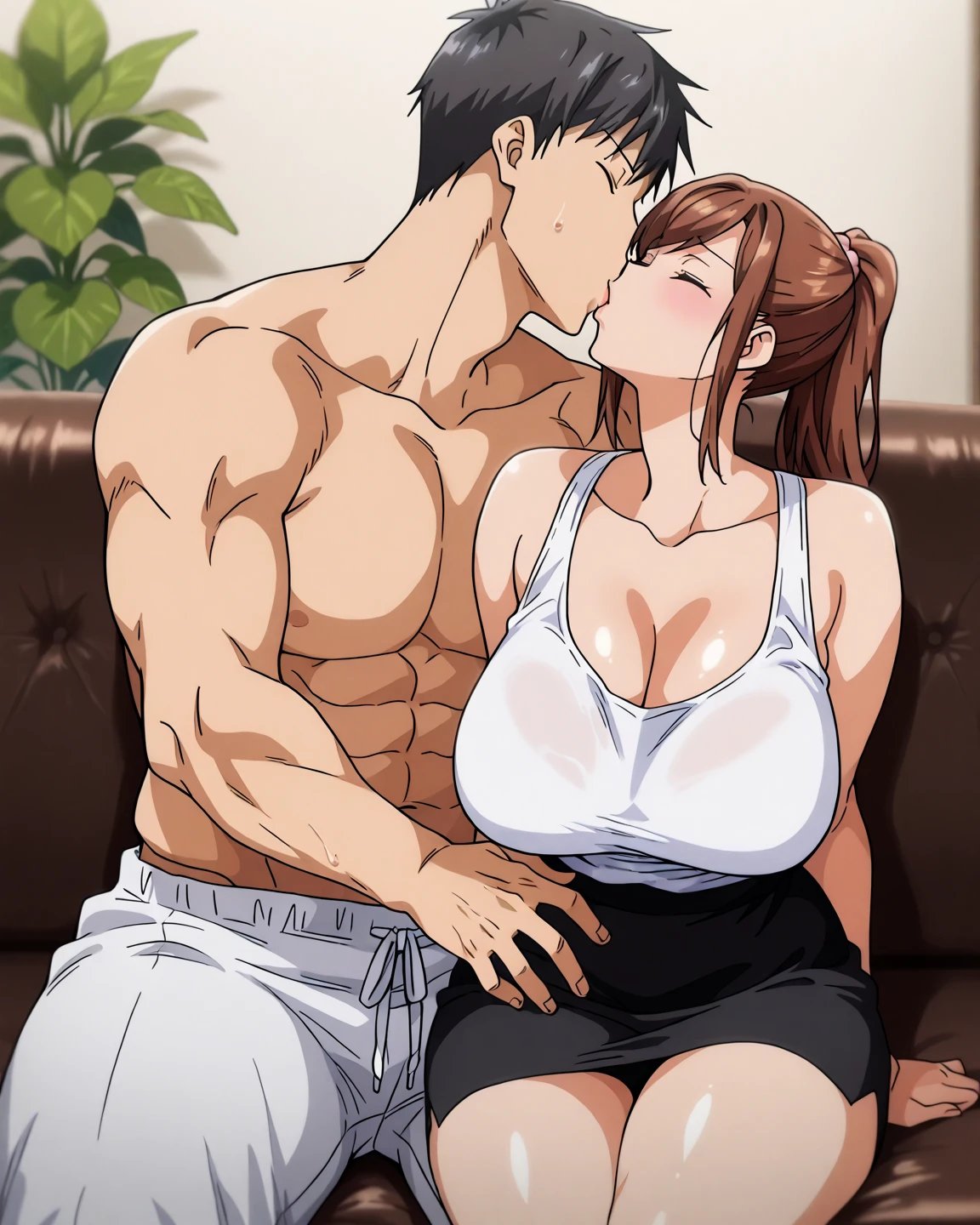 nsfw.1boy,((breast sucking:1.3)),((hug)),anime,anime cell style,anime style,torino_kazami,mature female,gigantic breasts,plump,brown hair,brown eyes,updo,lipsticks,wide hips,thick tight, High resolution, 1. Waman, mature woman, brown hair,brown eyes,smile, (huge breasts), bikini,beach,(half closed eyes:0.7)