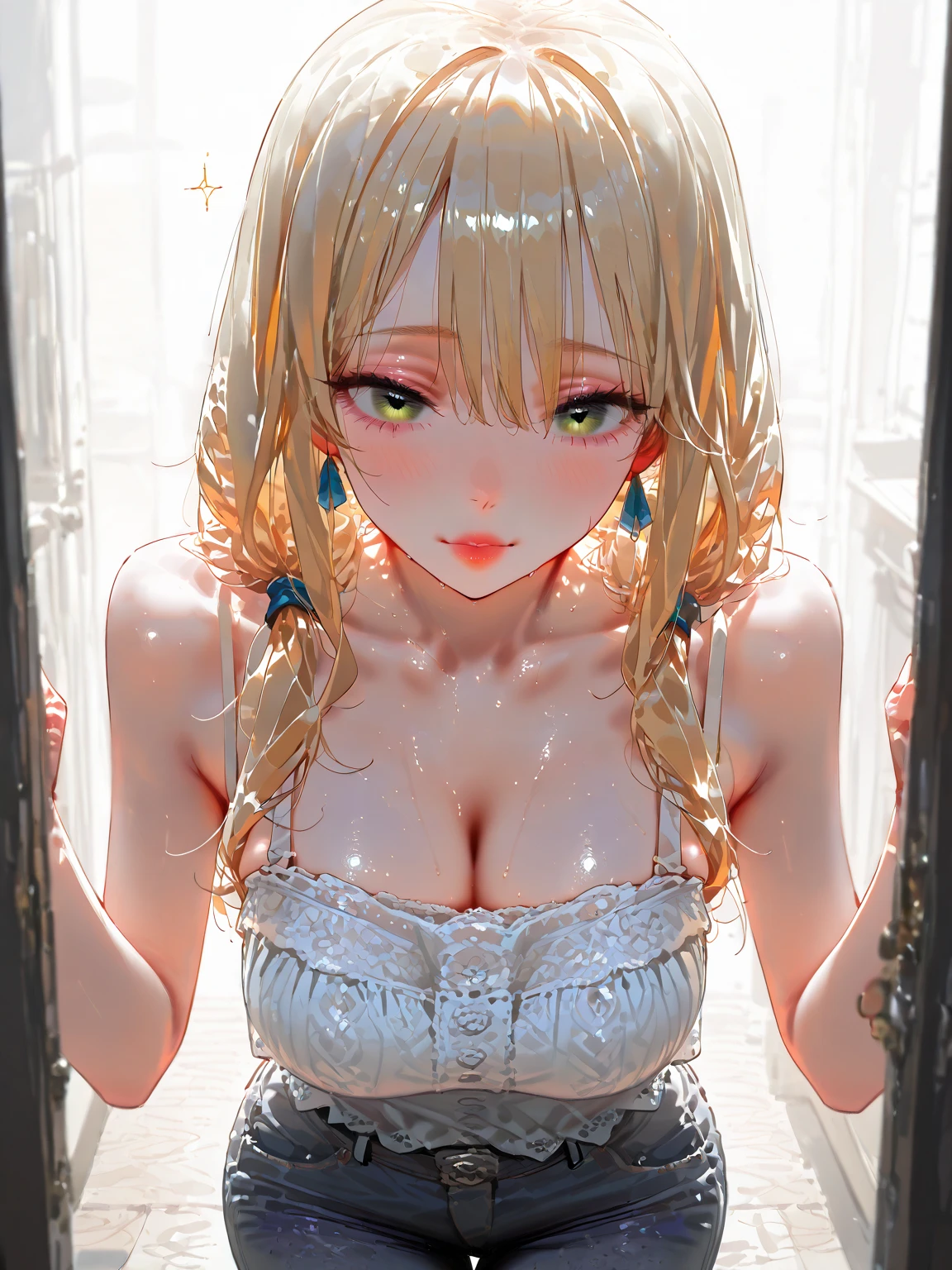 professional, (4k photo:1.1), (Sharp focus:1.3), high detail, wearing (tight shirt:1.2), beautiful detailed face, gorgeous eyes, long blonde hair, (attractive young woman:1.3), (:1.1), (blushing:1.1), hourglass body shape, perfect hands, Small natural , wide , night club background
