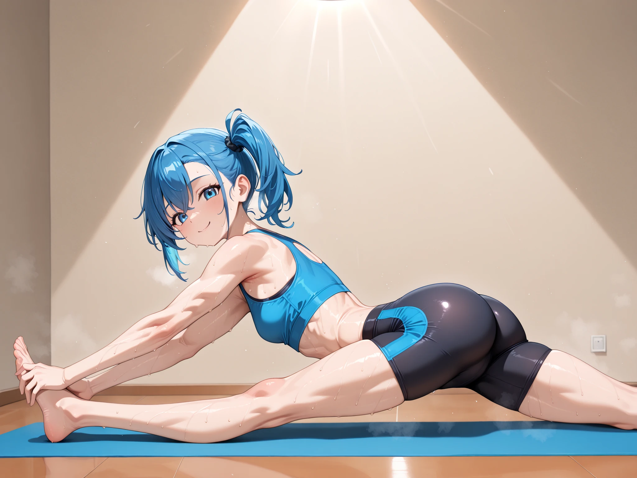 young woman, does yoga, in the lotus position, long blue hair, , athletic body, against the background of the garden