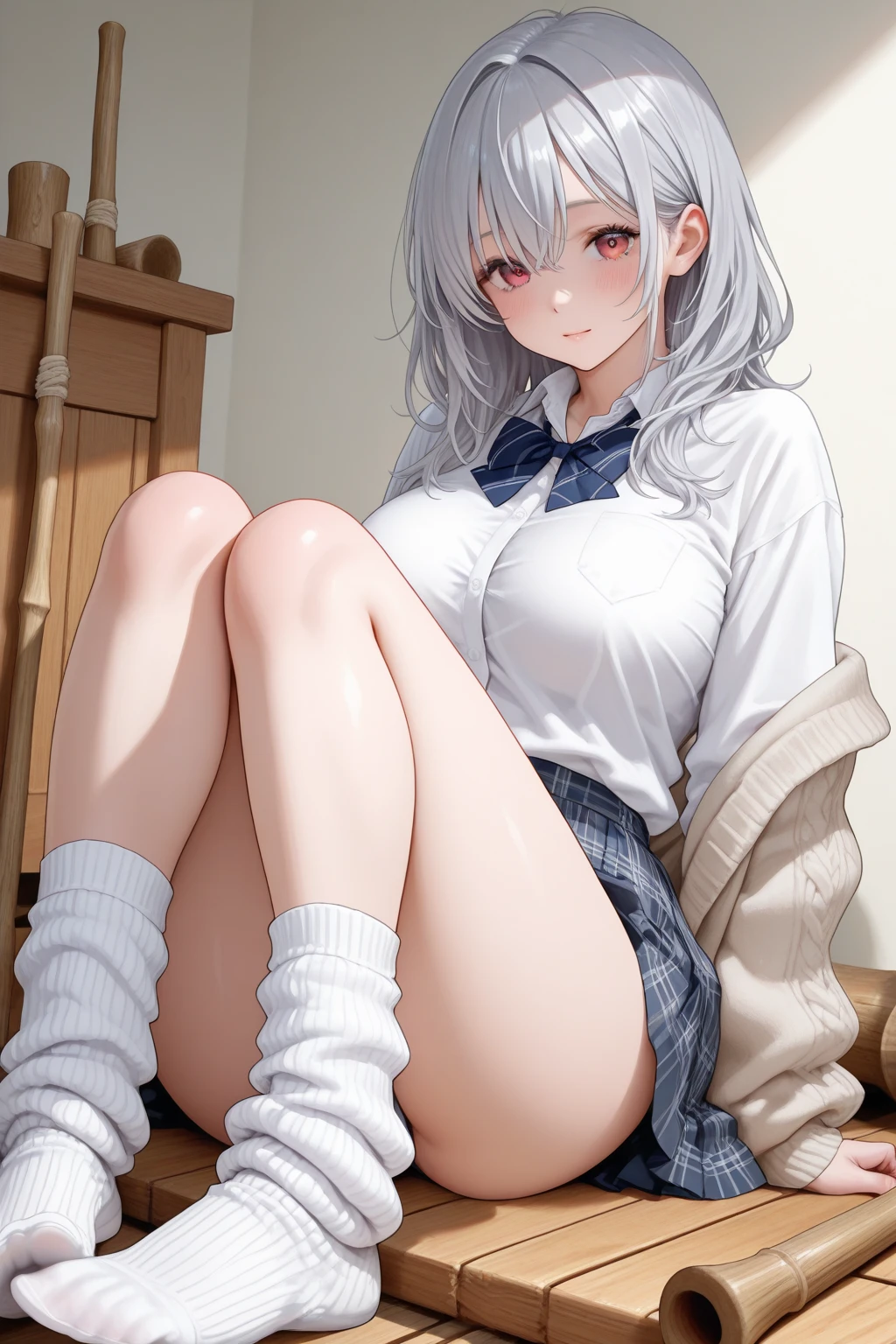 nsfw,masterpiece,ultra detailed,8k,navy school sweater,(short plaid pleated skirt),adult curvy body,(tanned skin:1.1),(japanese gyaru),(tareme),seductive cute face,silver panties,sitting and knees up on floor,curvy thighs,painted toe-nails,makeup,at private room,undressed clothes on floor,clothes shelf,tv on desk,naughty smile