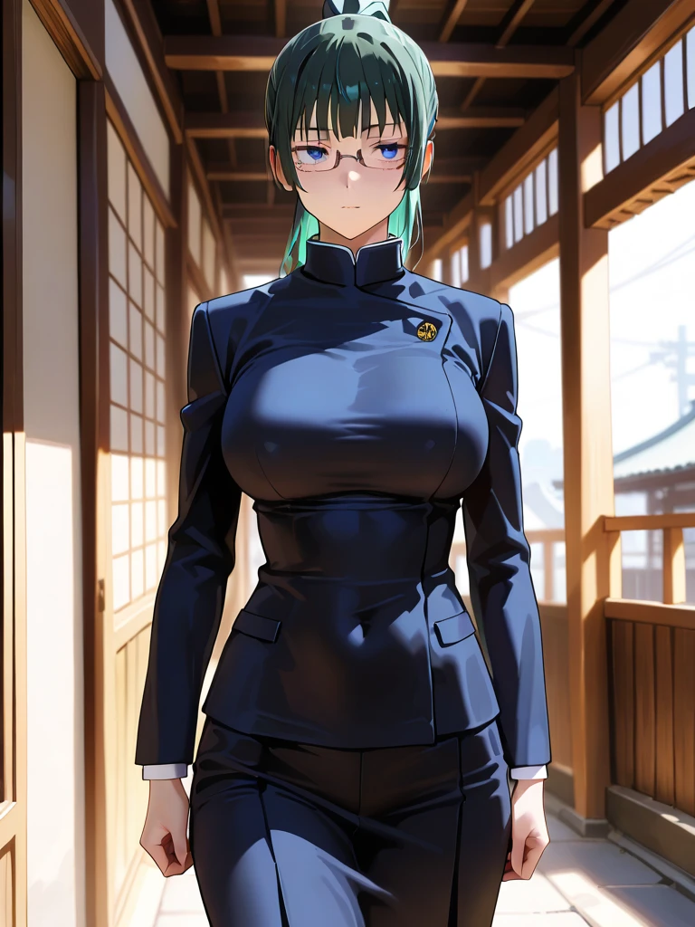 MakiS1, solo, bangs, 1girl, ponytail, green hair, glasses, , jacket, semi-rimless eyewear, long hair, breasts, skirt, long sleeves, expressionless, yellow eyes, pantyhose, blue jacket, standing, blue skirt, black pantyhose, high ponytail, outdoors, sky, breathtaking background BREAK
masterpiece, best quality, highly detailed background, perfect lightingbest quality, ((shiny skin, glossy skin, detailed skin))