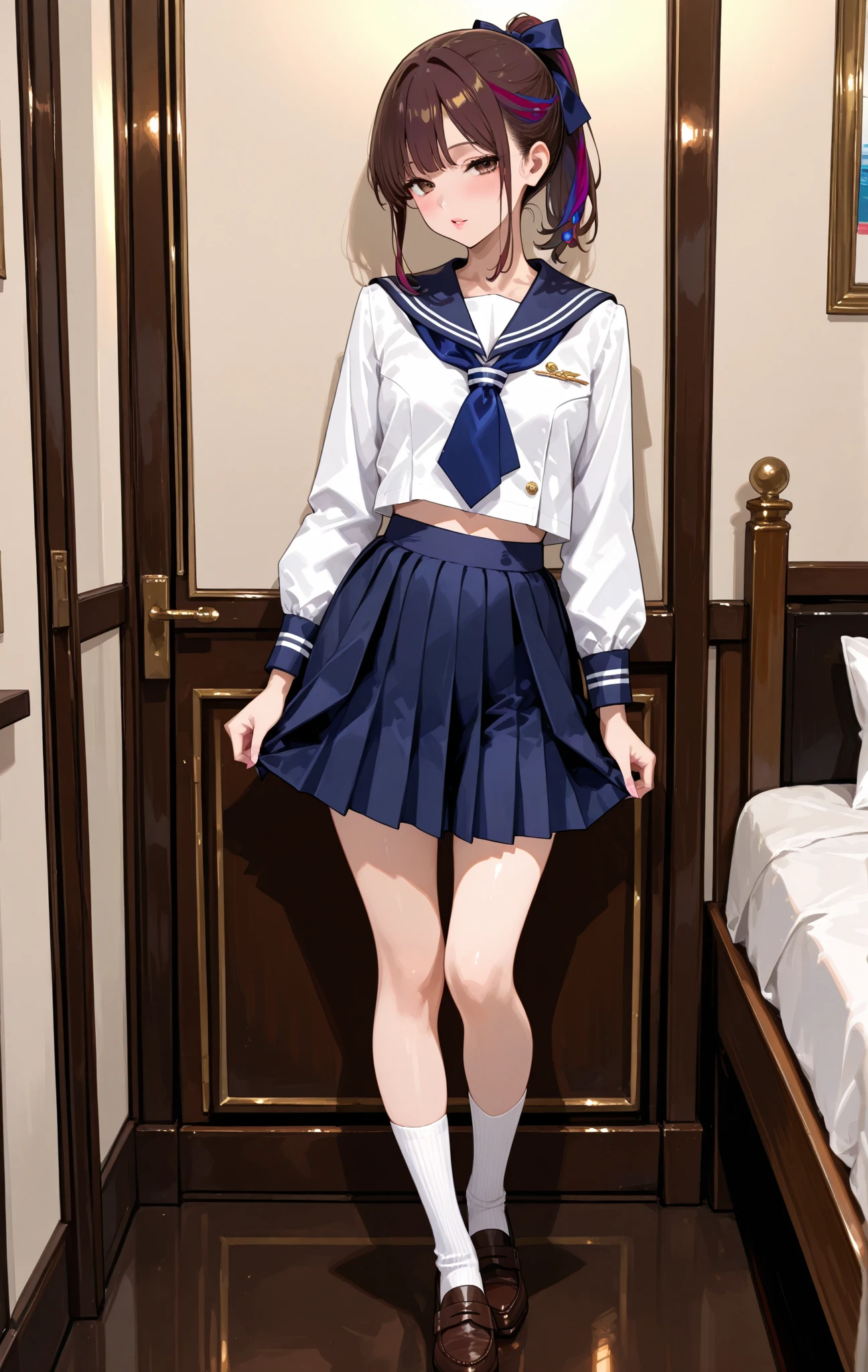 Long blonde hair Slender beautiful girl Garden at Night Wearing a long-sleeved sailor suit Pleated skirt mini skirt wet diaper Squat with your legs apart