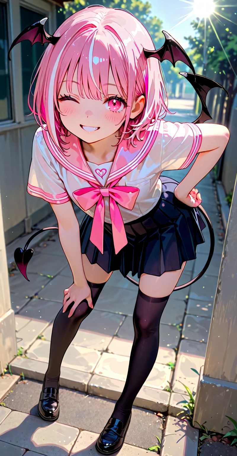 Young girl with pink hair, medium long twintail with double scrunchie on each tail hairstyle, (pink eyes),, ((small bushy eyebrows)), wearing gothic lolita clothing, lolicon , walking to school, flirty smile, , lifting her skirt to show her vagina wet with semen