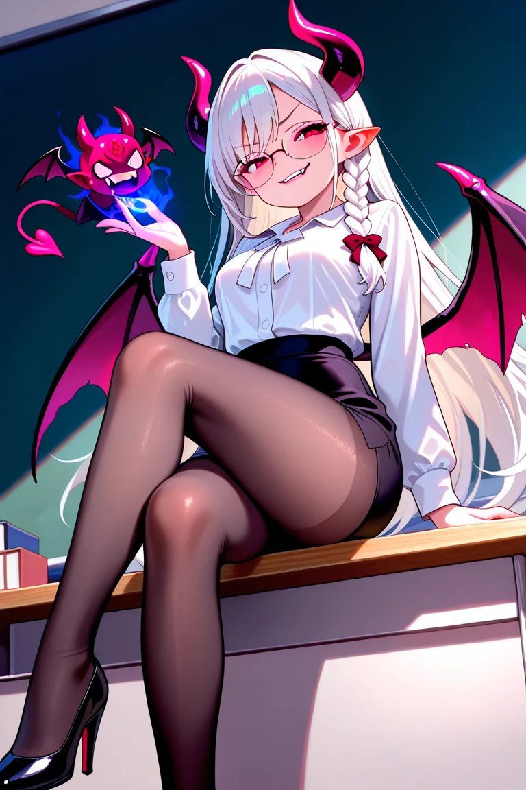 Sexy Swim suit outfit, with black demon horns, seductive pose, seductive smile , red eyes, in classroom, mind control by succubus