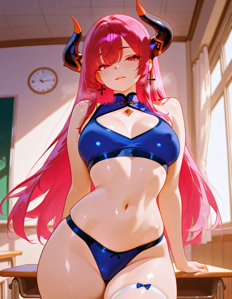 Yae Miko con cuerpo grande y sensual y muy sexy de senos grandes y con cara anime, while bathing in the shower
