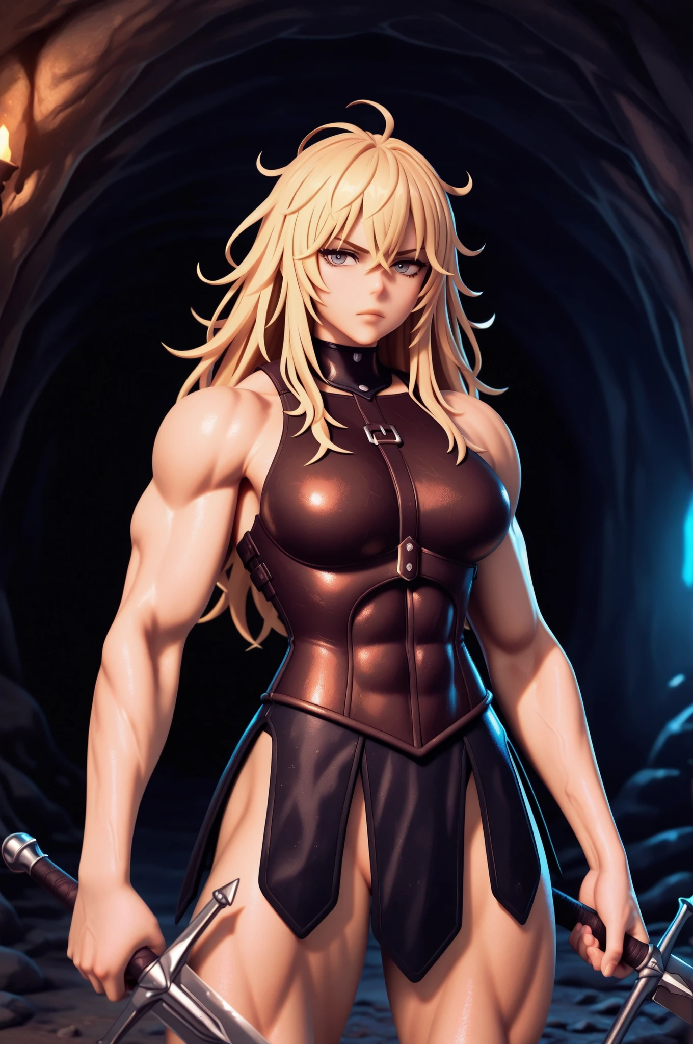 Apenas a [1 woman] (dark fantasy) queen's blade, sex, naked, blonde hair, giant chest, (chiselled abdomen: 1.1), (dark skin:1.1), (bikini armor:1.2) 16k, UHD, best possible quality, ((ultra detailed):1), best possible resolution, Unreal Engine 5, professional photography, perfect_hands