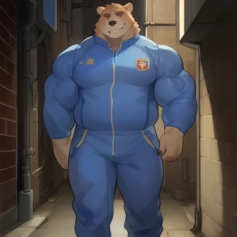 Solo, Male, grizzly bear, tan fur, standing, alleys, (((Muscular, Tall, buff, Strong, Powerful, Biceps))), Slightly chubby, by Bebebebebe, Smirking, Blue military spacesuit