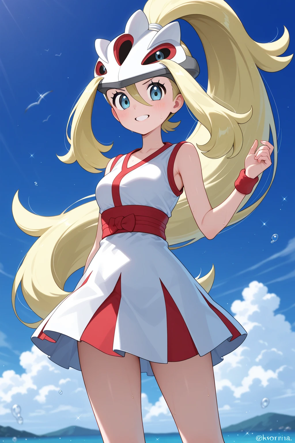 (masterpiece:1.5), (best quality:1.5), (extremely detailed:1.3), 4k, (korrinadef), solo, long hair, ponytail, helmet, short dress, black panties the encaje,fingerless gloves, blue eyes, blush, looking at viewer, global illumination, shiny skin, nature, sky, (sharp focus), perfect body, pose, beautiful legs, flowers, garden, high saturation, sunshine, large ass, ass focus, cowboy shot, :o,white skirt lift, wind, wind lift, I see my black panties de encaje 