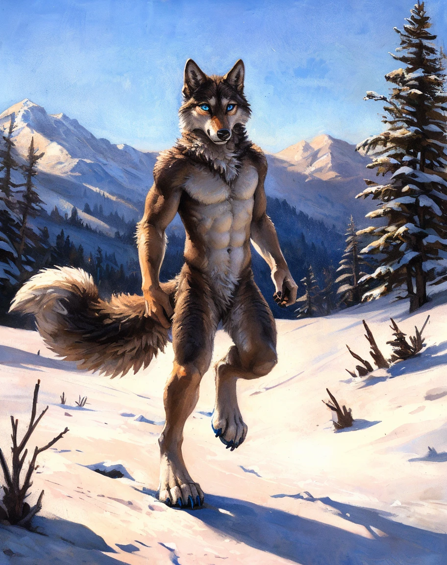 ((Solo)), male people, anthro wolf, (Multi-colored fur, White-brown:1.3,White tail pointed), (Height 2.1m,Tail length 1.5m), ((Wolf face, Big eyes, White eyelids, Blue pupil, Slim:1.2) (Tough, Calm expression:1.2)), Abs, Slim, pinging)), (Correct anatomy), Naked all over the body,A long big tail,Feet,(Realistic fur, Detailed fur texture, labeled:1.3)), (Natural lighting), Photorealistic, Hyperrealistic, ultradetailed, by Kenket,Snowfield,No artifacts, Running on