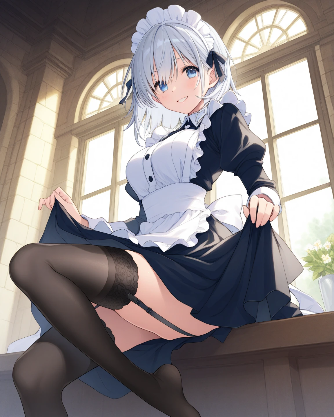 ((1girl, solo ,alone, shor hair, white hair, ((Secelia Dote, green eyes, small breasts, cute)), dark, tanned skin, fitness)), ((solo, (1woman, pink lipstick), Extremely detailed, ambient soft lighting, 4k, perfect eyes, a perfect face, perfect lighting, a 1girl, jewelry, bracelets, ring)), austere, ((shy, maid clothes, black outfit maid, apron maid, maid, standing, standing showing panties, women, slender body, panties, underwear, skirt, lacy red panties, dark pink, Draw panties with super precision, side-tie panties, satin panties, thighhighs, garter belt, skirt lift, show off panties)), documents, books, table, shelves, pencil holder, computer