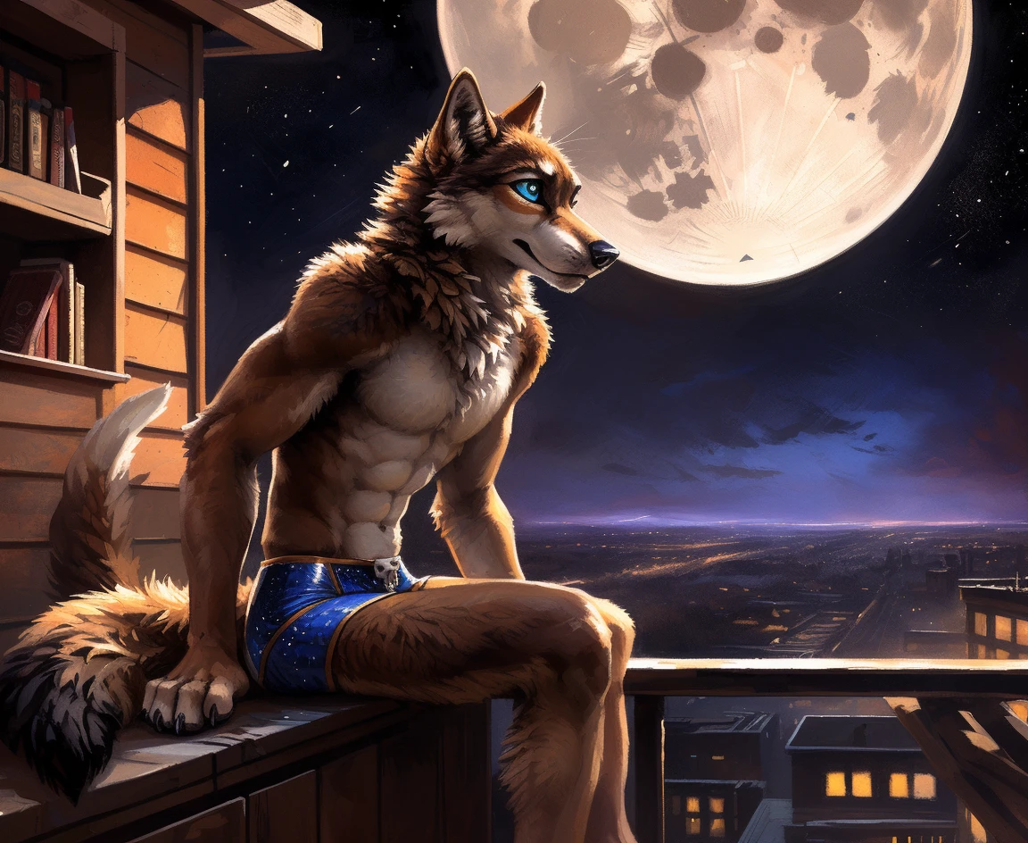 ((Solo)), male people, anthro wolf, (Multi-colored fur, White-brown:1.3), ((Wolf face, Big eyes, White eyelids, Blue pupil, Slim:1.2) (Tough, Calm expression:1.2)), (Height 2.1 meters,Tail length 1.5m), Abs, Slim, pinging, (Correct anatomy), (Contour bone:1.2), The upper body is naked, (detailed outfits), a long large tail，Feet，(Realistic fur, Detailed fur texture, labeled:1.3)), (Natural lighting), Photorealistic, Hyperrealistic, ultradetailed, by Kenket，In the modern city，Roof，the night，Sit alone，Look at the full moon，It was dark，Starry
